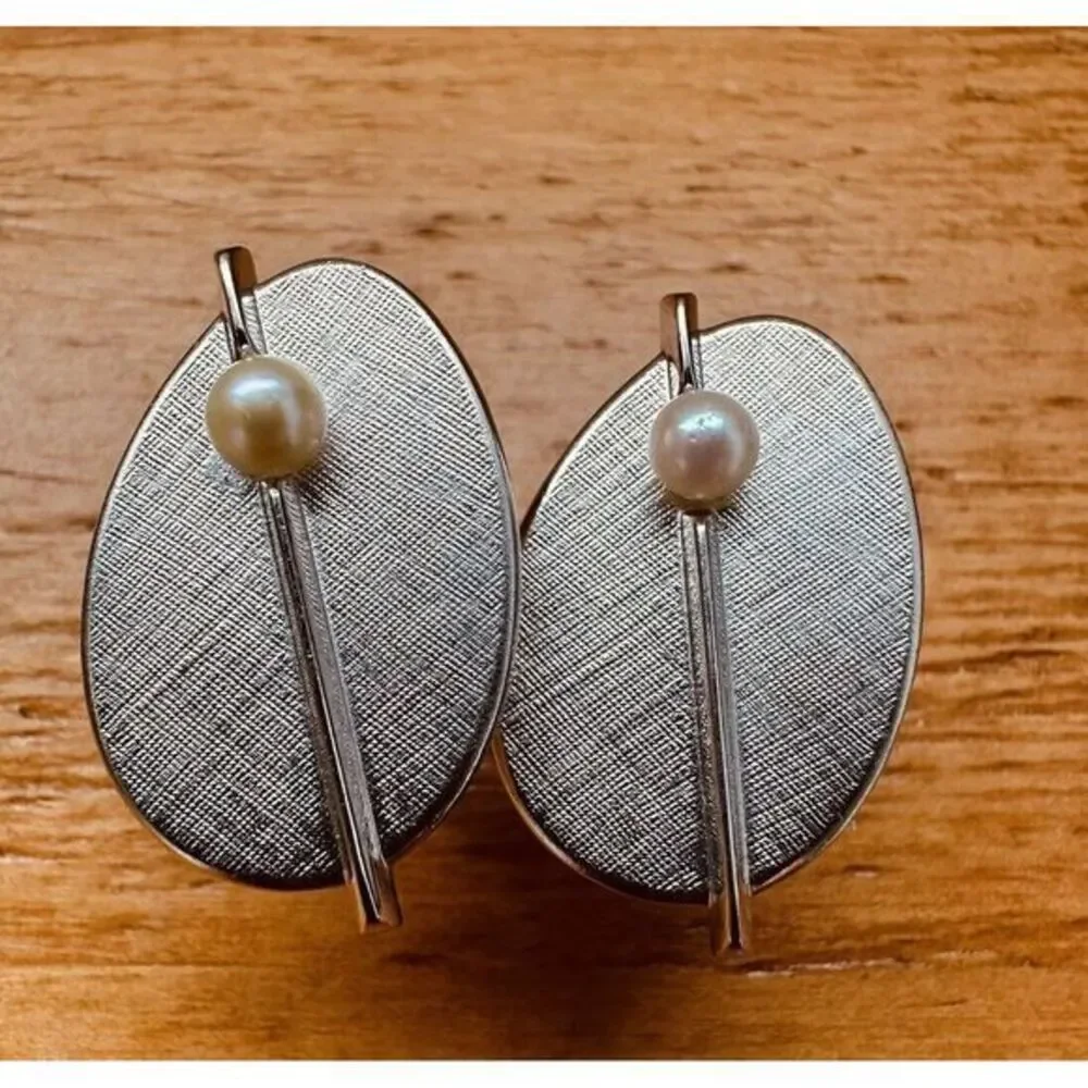 Swank Set Silver‎ Tone Faux Pearl Cuff Links & Matching Tie Clip Vintage